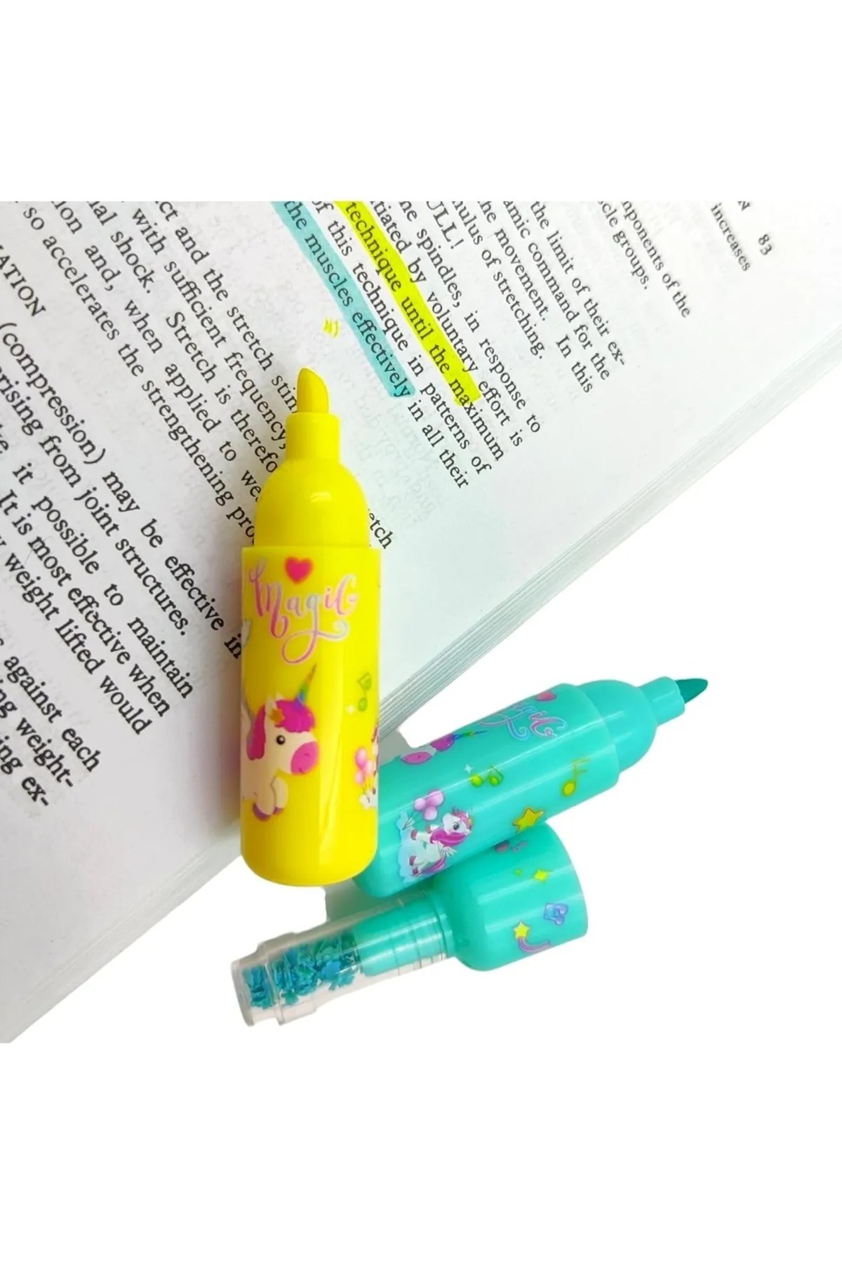 1_org_zoom-2746.jpg 6'lı Fosforlu unicorn simli çocuk kız erkek öpğrenci okul işaretleyici highlighter kalem - Görsel 1