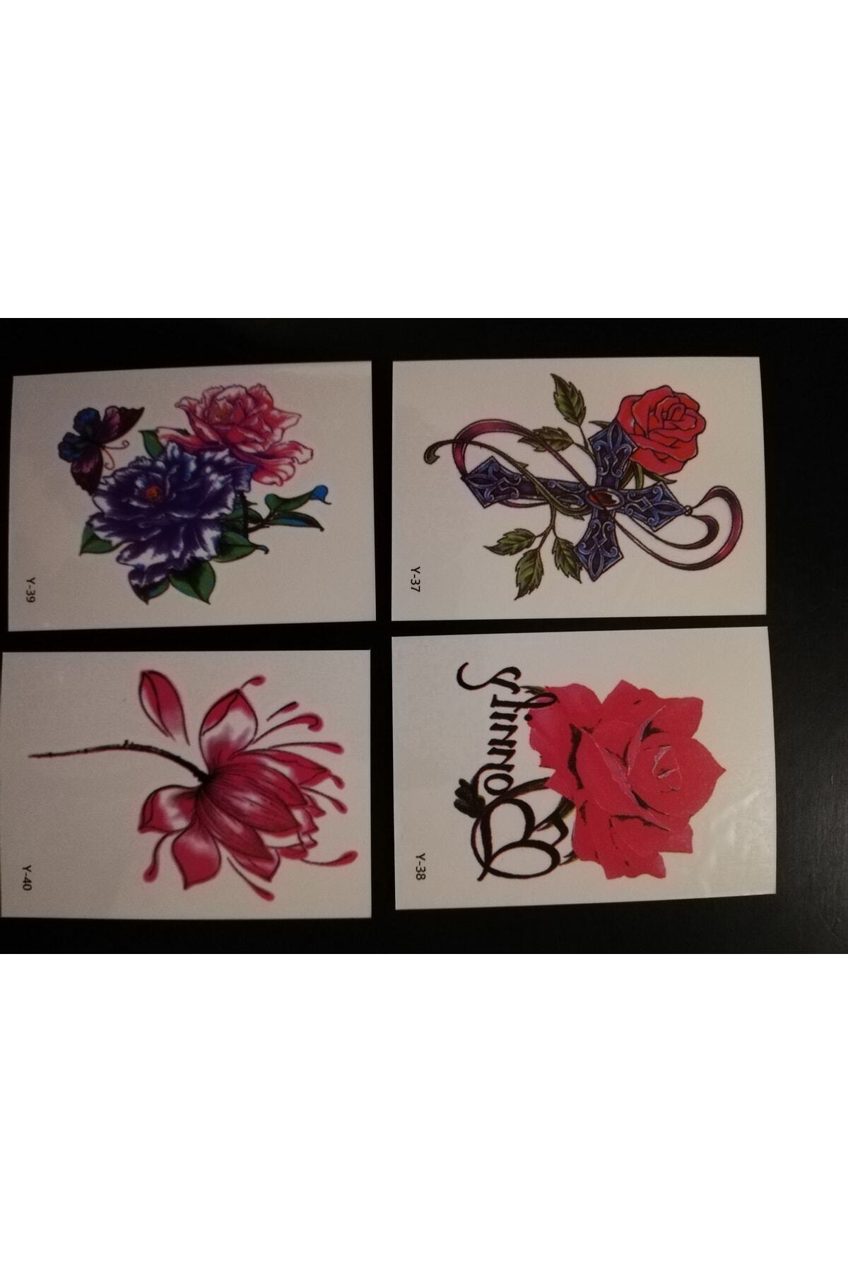 1_org_zoom-3251.jpg 4 Adet 6x6 Cm Gül Çiçek Kelebek Desenli Sugeçirmez Sanat Model 10 Geçici Dövme - Görsel 1