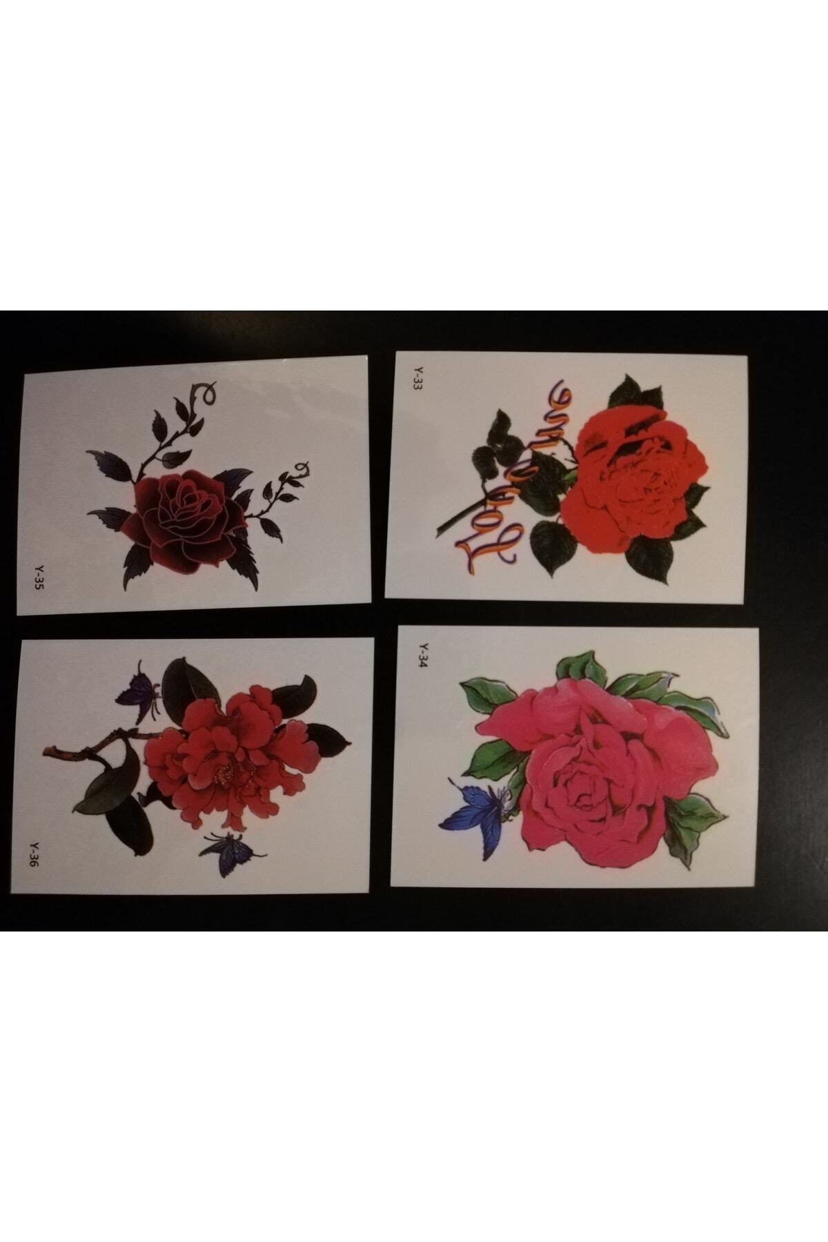 1_org_zoom-3253.jpg 4 Adet 6x6 cm Gül Çiçek Kelebek Desenli Sugeçirmez Sanat Model-9 Geçici Dövme - Görsel 1