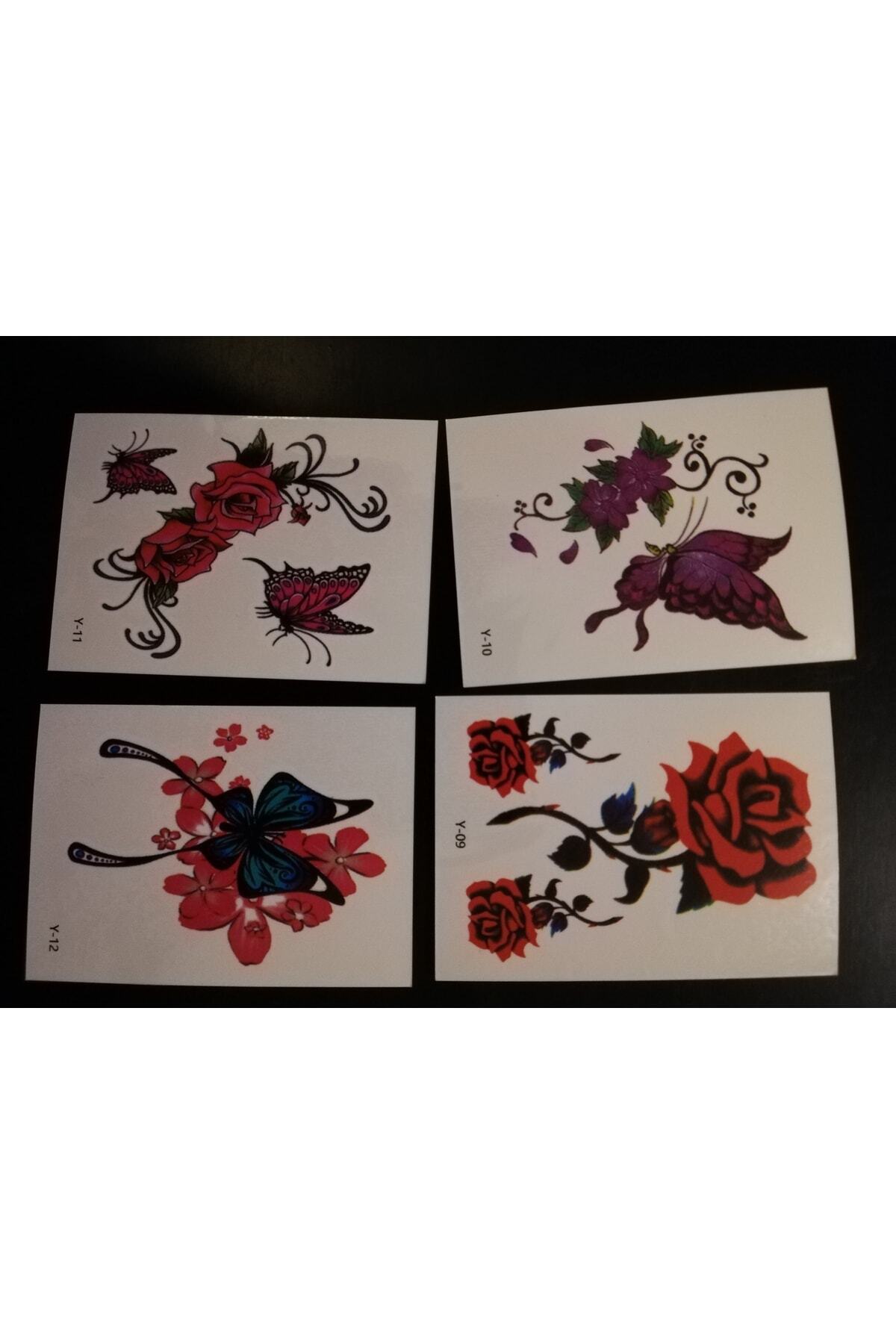 1_org_zoom-3257.jpg 4 Adet 6x6 cmGül Çiçek Kelebek Desenli Sugeçirmez Sanat Model-3 Geçici Dövme - Görsel 1
